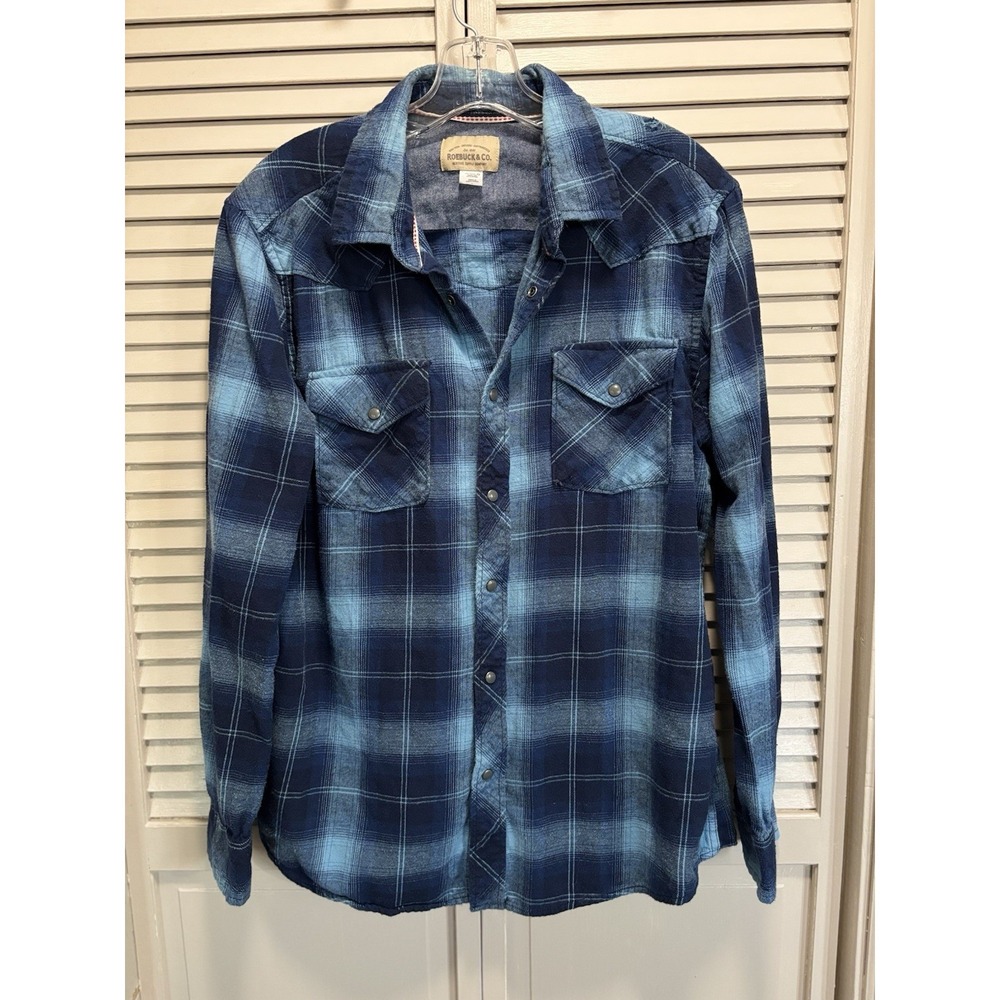 Vintage Roebuck & Co Plaid Flannel Shirt Snap Up Long Sleeve Size L Pockets